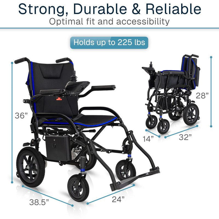 Black and blue lightweight power wheelchair with folded and expanded measurements 