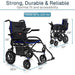 Black and blue lightweight power wheelchair with folded and expanded measurements 