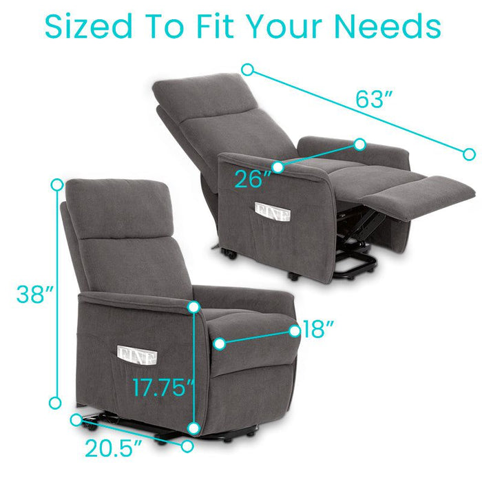 Recliner chair with dimensions shown: 63” length, 38” height, 26” depth, and 20.5” width, designed to fit various needs.