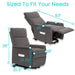 Recliner chair with dimensions shown: 63” length, 38” height, 26” depth, and 20.5” width, designed to fit various needs.