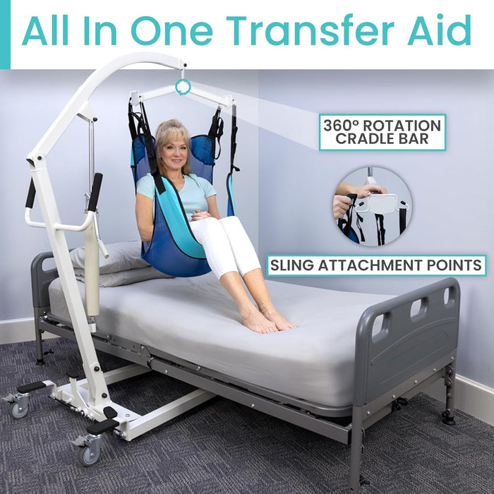 All-in-one transfer aid with 360° rotation cradle bar and sling attachment points for safe and easy patient transfers