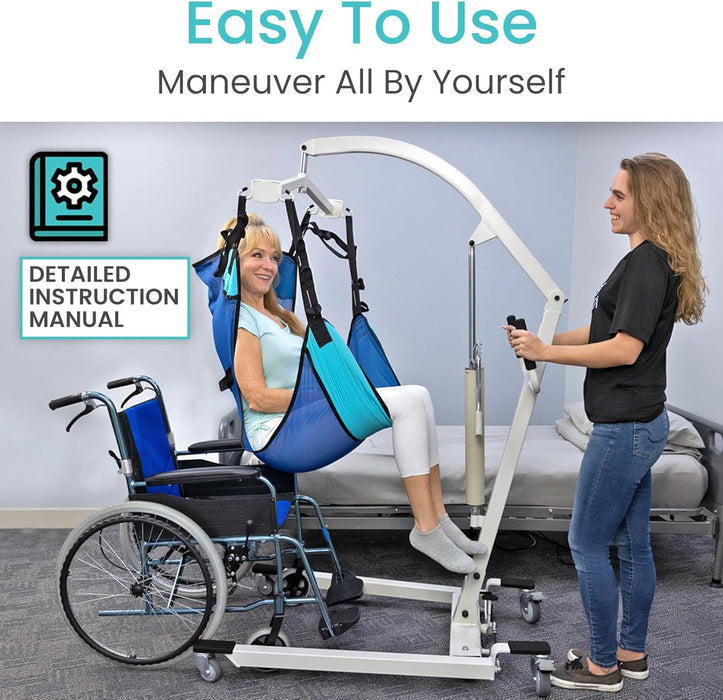 Easy-to-use patient lifter for maneuvering individuals with detailed instruction manual for independent use and comfort.