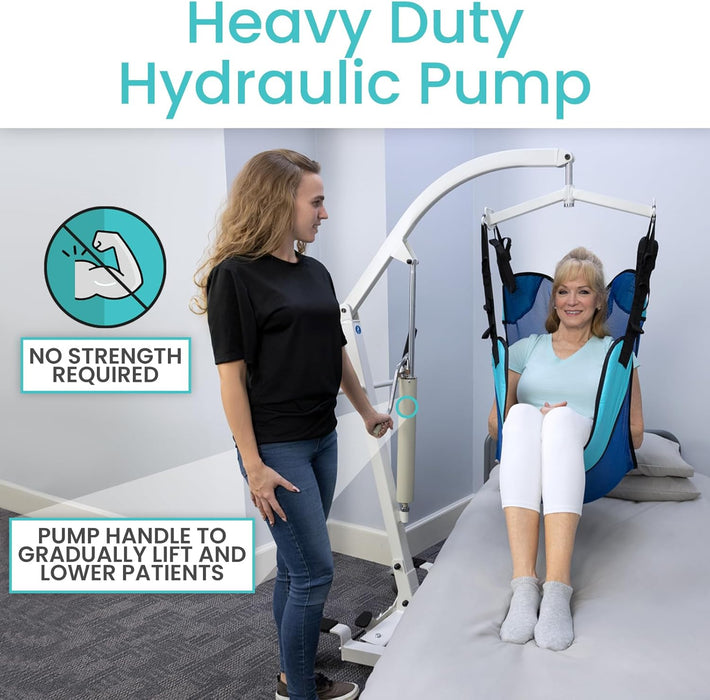 Heavy-duty hydraulic pump for patient lift: no strength required, with pump handle to gradually lift and lower patients.