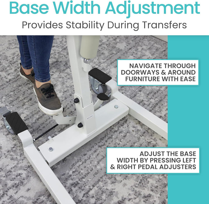 Adjustable base width for patient lift: easily navigate furniture with pedal adjusters for stability during transfers.