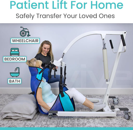 Home patient lift for safe transfers from wheelchair to bedroom or bath, with clear icons for easy use and comfort.