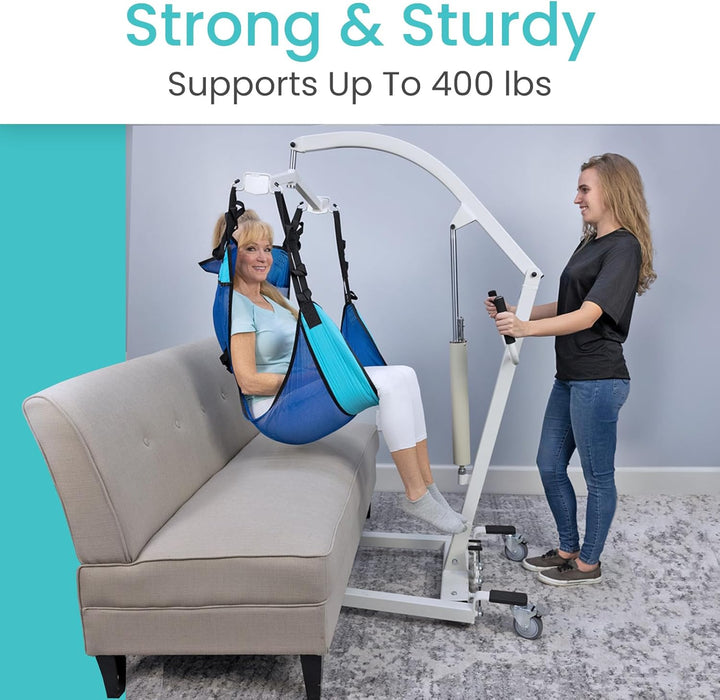 Strong and sturdy patient lift, supporting up to 400 lbs, with easy maneuvering for safe transfers.