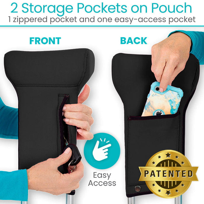 Black pouch with storage pockets on a white background, showing front and back views with hands interacting.