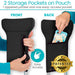 Black pouch with storage pockets on a white background, showing front and back views with hands interacting.