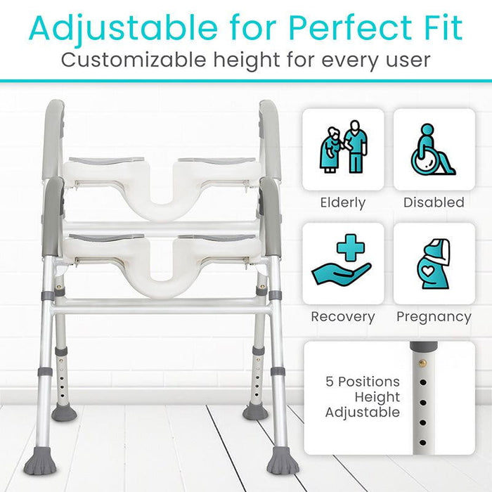 Adjustable height shower chair with customizable features for various users 