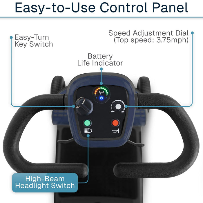 Control panel with labeled features, including speed adjustment dial, easy-turn key switch, and battery life indicator