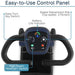 Control panel with labeled features, including speed adjustment dial, easy-turn key switch, and battery life indicator