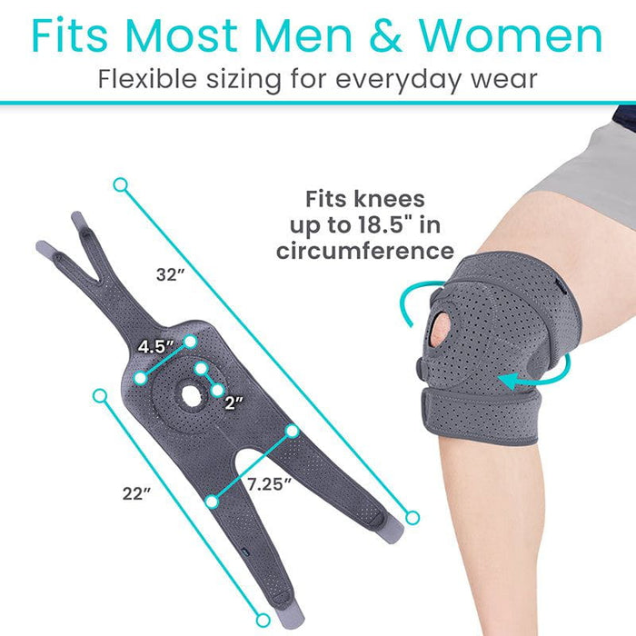 Knee brace with measurement chart and person wearing it, showing flexibility for everyday wear.