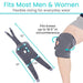 Knee brace with measurement chart and person wearing it, showing flexibility for everyday wear.