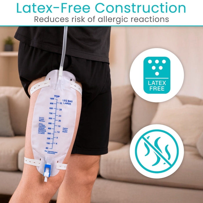 Person wearing a latex-free catheter bag on leg