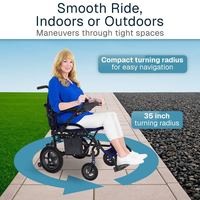 Woman using a power wheelchair on a pathway with text about compact turning radius.