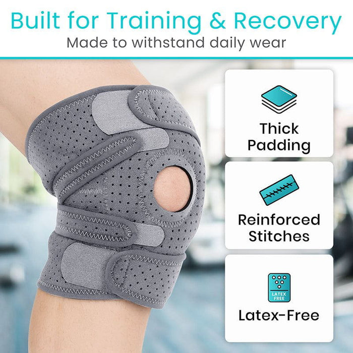 Gray knee brace with features highlighting thick padding, reinforced stitches, and latex-free