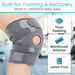 Gray knee brace with features highlighting thick padding, reinforced stitches, and latex-free