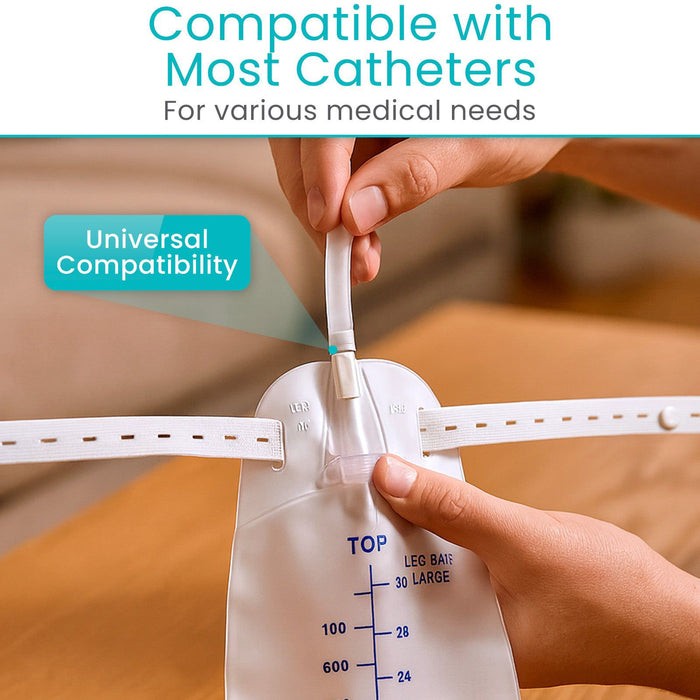 Person holding urinal catheter bag with text about compatibility with catheters.