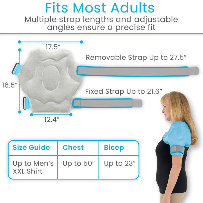 Product with adjustable strap system and size guide for adults