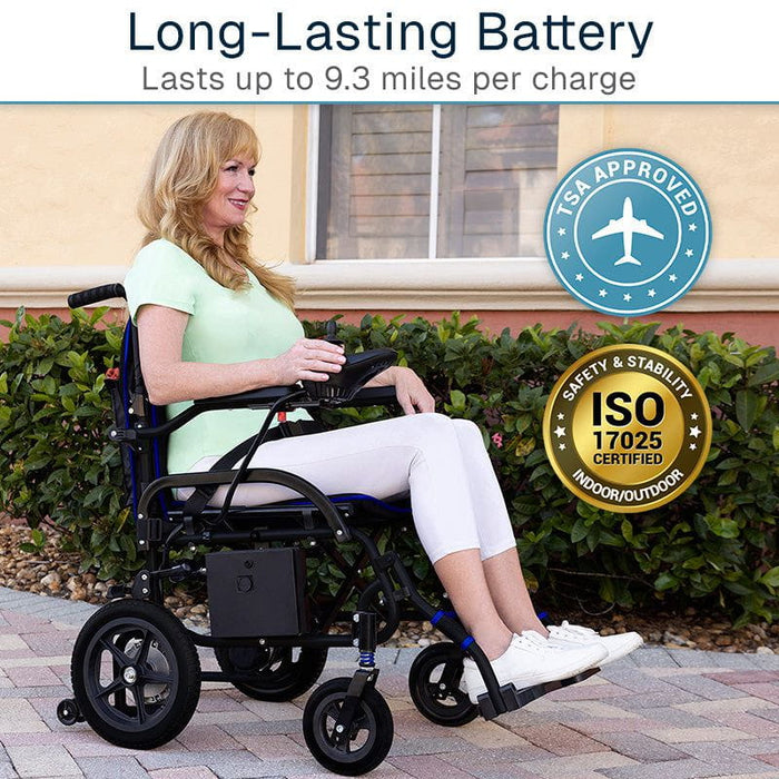 Woman using a power wheelchair outside with long-lasting battery features highlighted