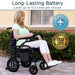 Woman using a power wheelchair outside with long-lasting battery features highlighted