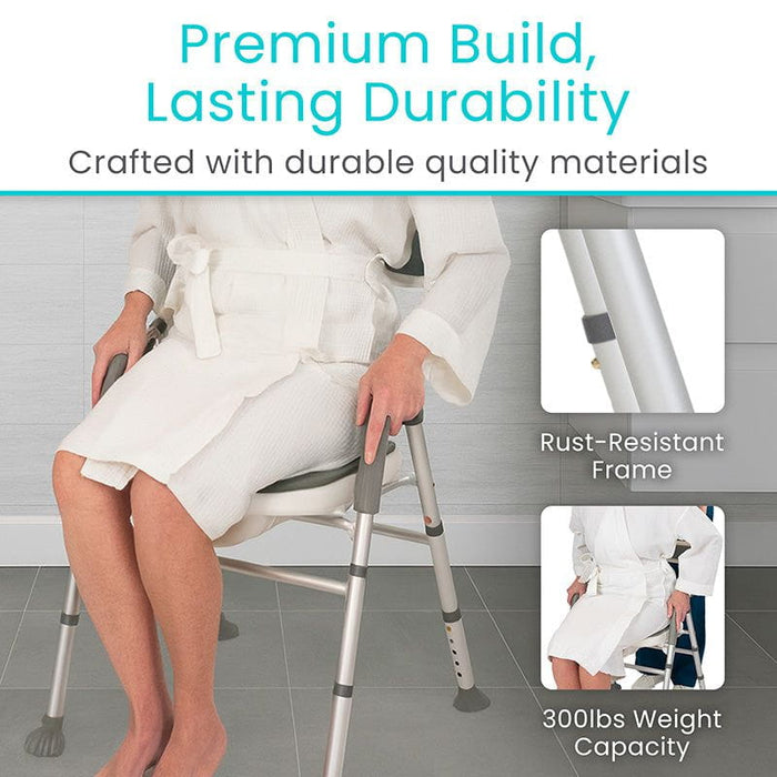 Person sitting on a folding shower chair with text highlighting durability and features.