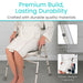 Person sitting on a folding shower chair with text highlighting durability and features.