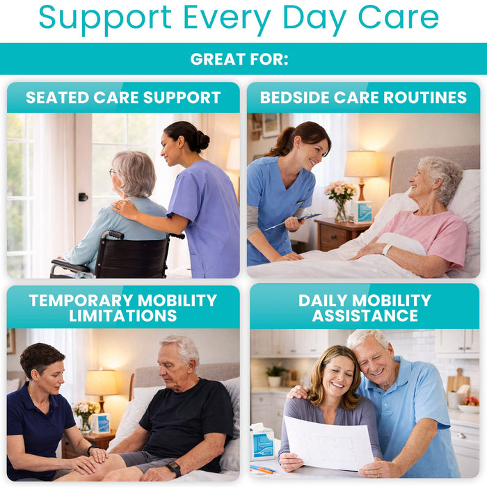 Caregiving scenarios with caregivers assisting elderly patients in various settings.
