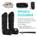 Vive pneumatic device with compression boots, remote control, air tubing & leg cuff extenders on a white background.