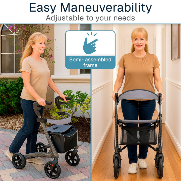 Woman using carbon fiber rollator outside and inside showing easy maneuveralibity