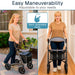 Woman using carbon fiber rollator outside and inside showing easy maneuveralibity