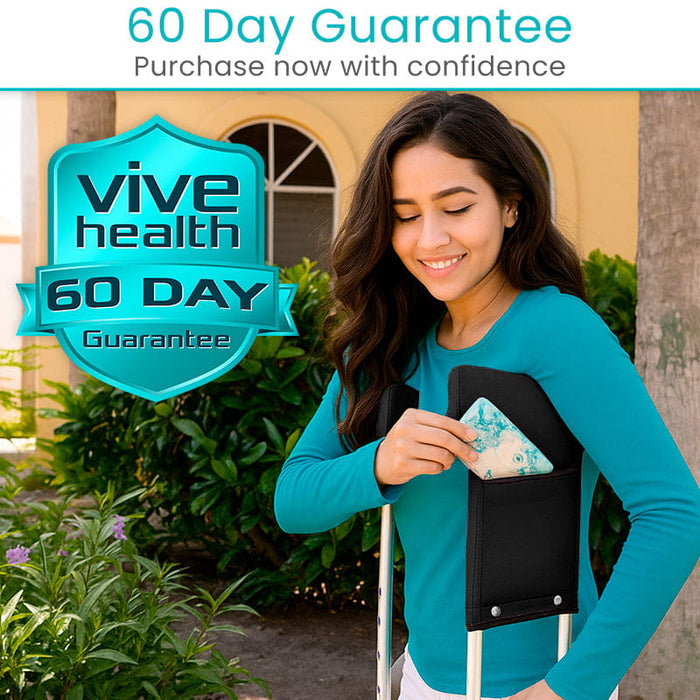 Woman using ergonomic crutch pouch with 'Vive Health' 60-day guarantee badge.