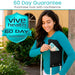 Woman using ergonomic crutch pouch with 'Vive Health' 60-day guarantee badge.