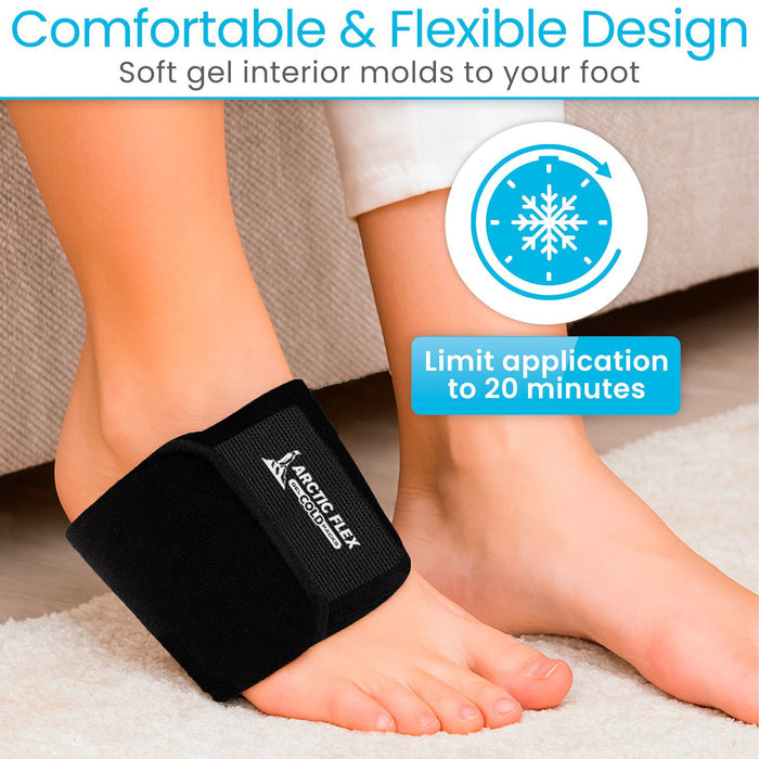 Person wearing a black Arctic Flex product on their foot with text about comfort, flexibility, and application time.
