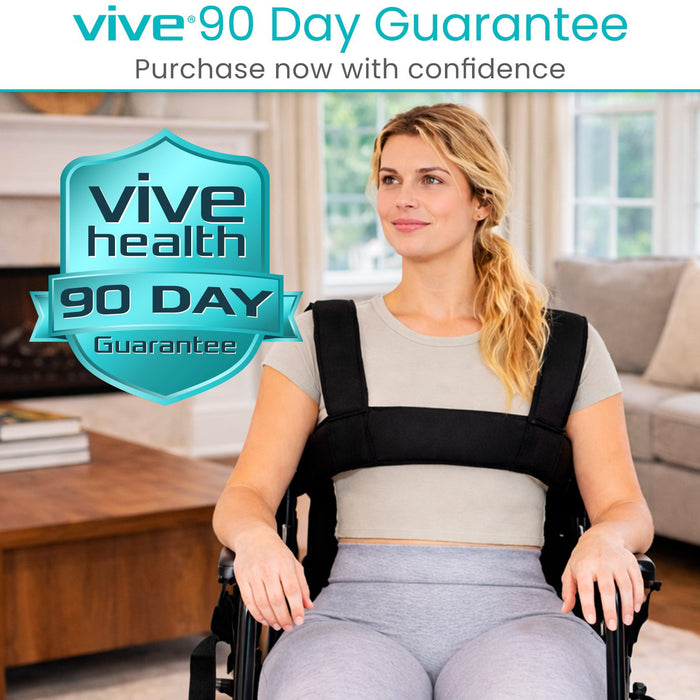 A woman seated in a wheelchair wearing a black posture corrector brace across her upper back and chest. The image includes promotional text reading 'vive 90 Day Guarantee' and a matching teal badge, with a blurred living room background.