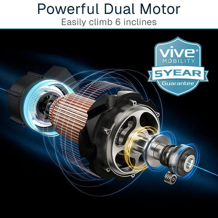 Diagram of a powerful dual motor with Vive Mobility 5-year guarantee badge on a dark background