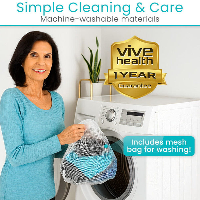 Woman holding u-sling in the included washable mesh bag, plus a 1-year guarantee badge