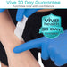 Person applying a patch to their arm with blue gloves, Vive Health 30 Day Guarantee badge visible.