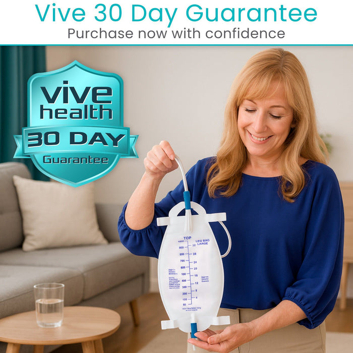 Woman holding a catheter bag with 'Vive Health' branding and a 30-day guarantee offer.