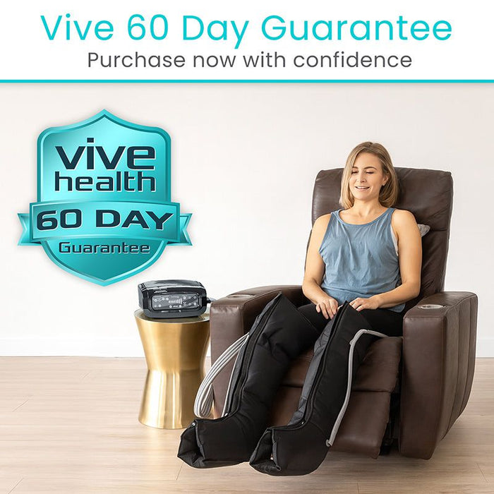 Woman using a massage chair with Vive Health branding and 60-day guarantee offer.