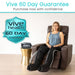 Woman using a massage chair with Vive Health branding and 60-day guarantee offer.
