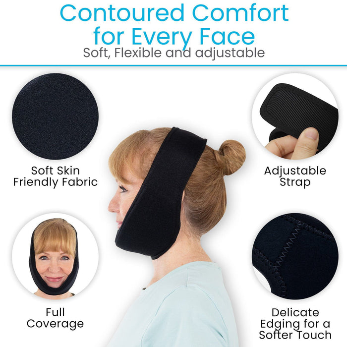Black jaw ice pack with text highlighting features like 'Contoured Comfort for Every Face', 'Soft Skin Friendly Fabric', 'Adjustable Strap', 'Full Coverage', and 'Delicate Edging'.