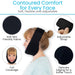 Black jaw ice pack with text highlighting features like 'Contoured Comfort for Every Face', 'Soft Skin Friendly Fabric', 'Adjustable Strap', 'Full Coverage', and 'Delicate Edging'.