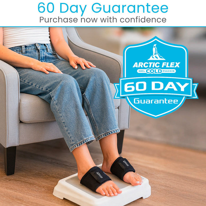 Person using Arctic Flex cold packs with a 60-day guarantee badge.