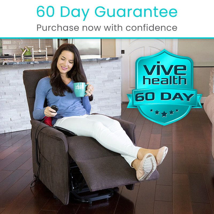 Recliner chair with a 60-day guarantee, shown being used by a woman relaxing while holding a cup and remote control.