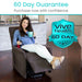 Recliner chair with a 60-day guarantee, shown being used by a woman relaxing while holding a cup and remote control.