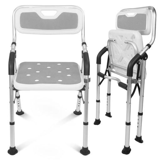 A folding shower chair with a white and grey color scheme, featuring a plush foam padded seat & oxidized aluminum frame.