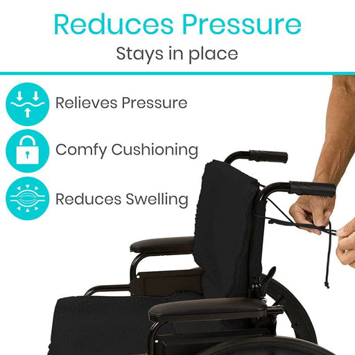 Wheelchair cushion reduces pressure, relieves swelling, and provides comfy cushioning while staying in place.