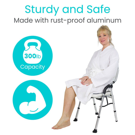Sturdy and safe chair made with rust-proof aluminum, supporting up to 300 lbs, ensuring durability and reliability for users.