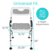 Adjustable chair with 4 height settings, universal fit, padded seat, and backrest for comfort and versatile use.